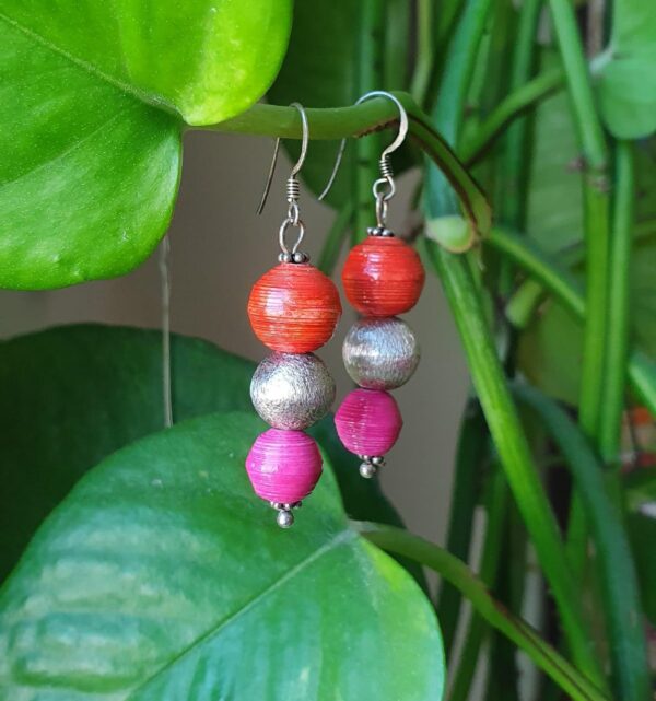 3 Drop Paper & silver earrings - Pink/Orange